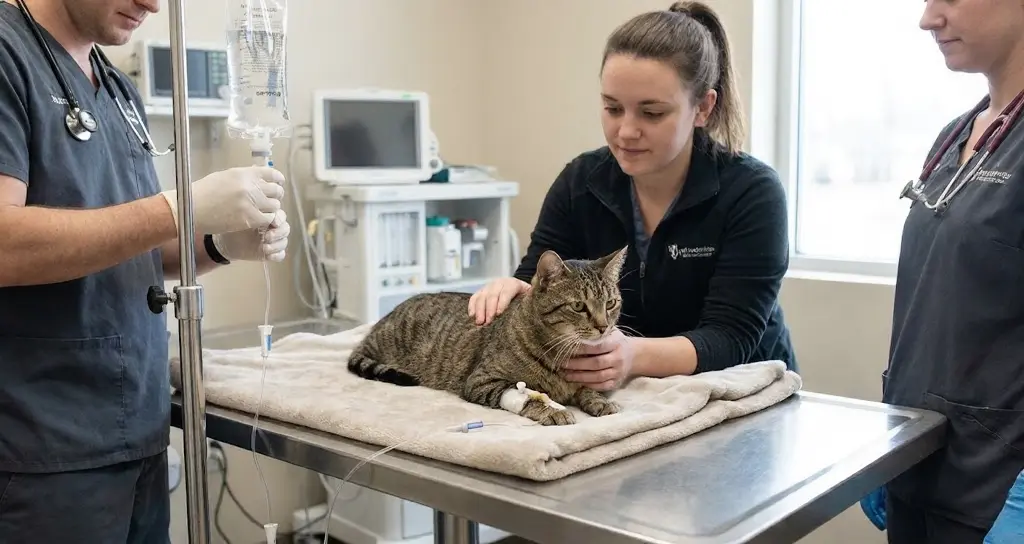 Veterinerde sıvı tedavisi uygulanan kedi – ileri derecede susuzluk ve tedavi yöntemi