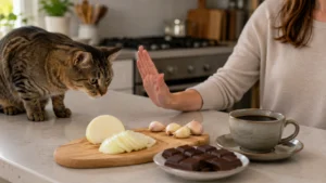 Soğan, sarımsak, çikolata ve kafeinli ürünlerin bulunduğu mutfak tezgahına yaklaşan kedi
