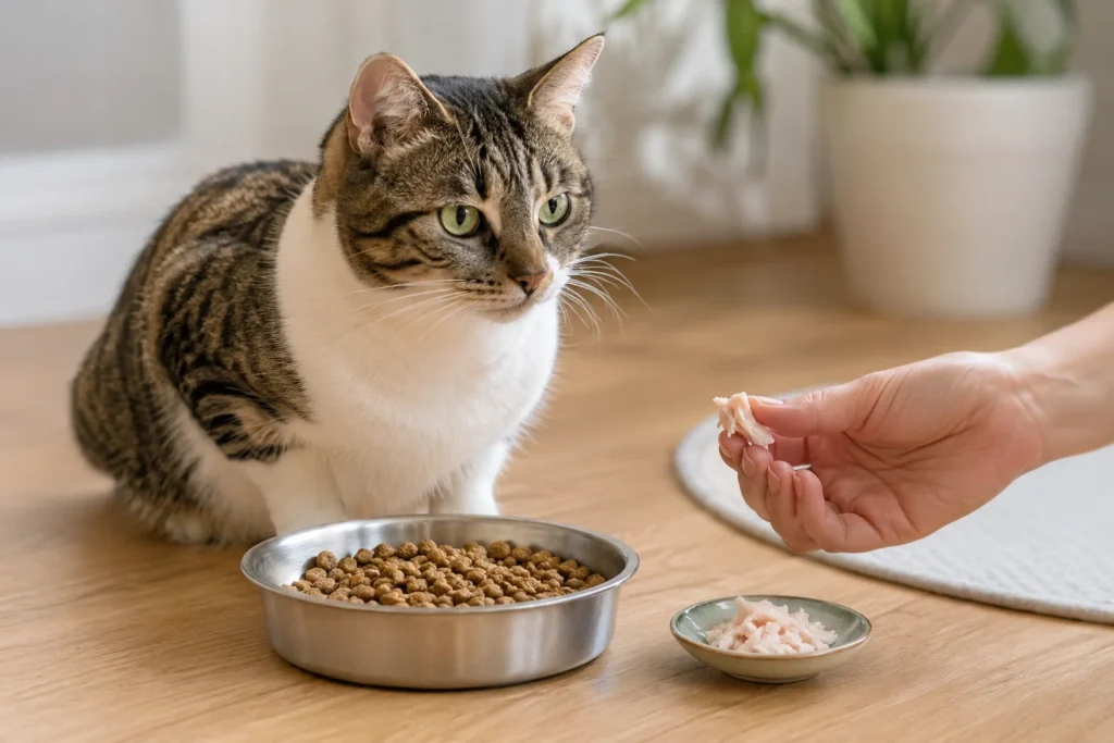 Tam ve dengeli kedi mamasının yanında küçük miktarda pişmiş ödül sunulan sağlıklı kedi