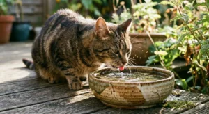 Su kabından su içen yetişkin kedi – kedilerde günlük su tüketimi ve hidrasyon davranışı