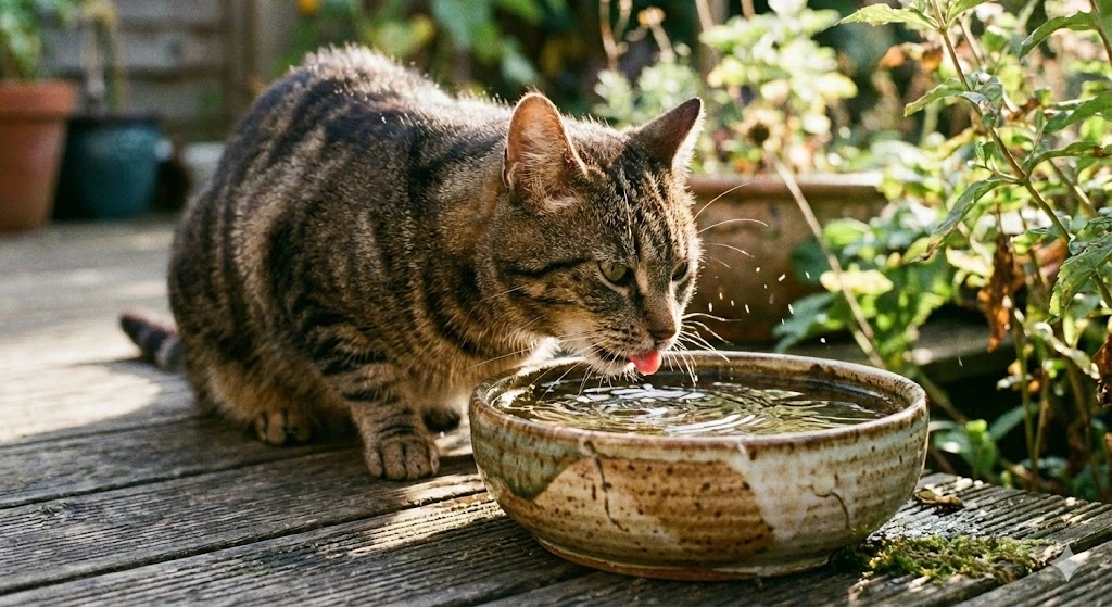 Su kabından su içen yetişkin kedi – kedilerde günlük su tüketimi ve hidrasyon davranışı