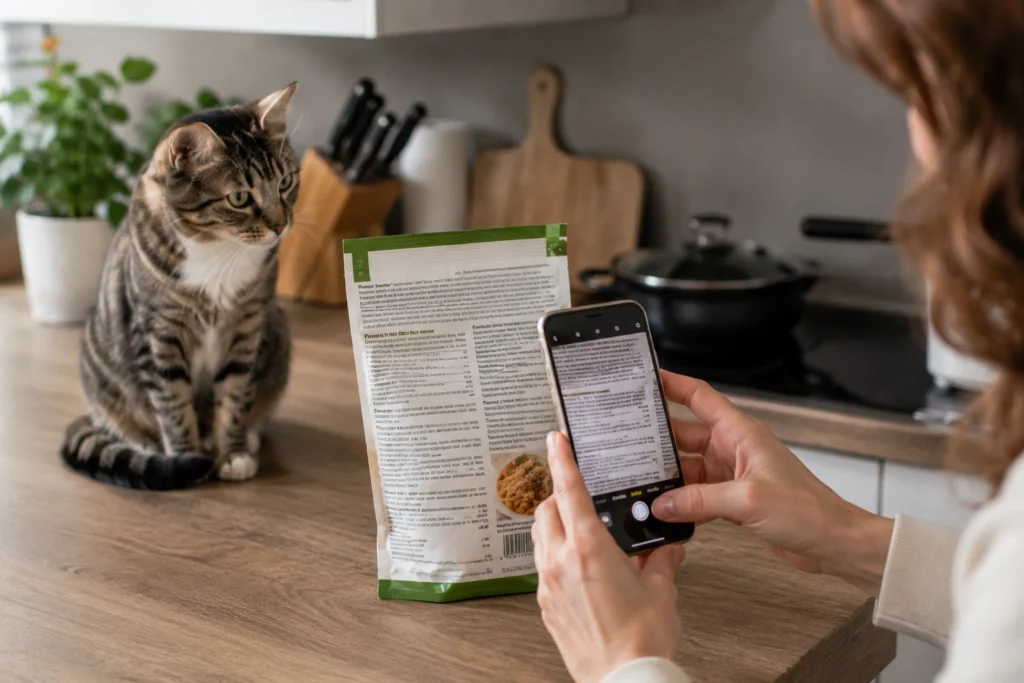 Kedinin tüketmiş olabileceği insan gıdasının içerik listesini kontrol eden kedi sahibi