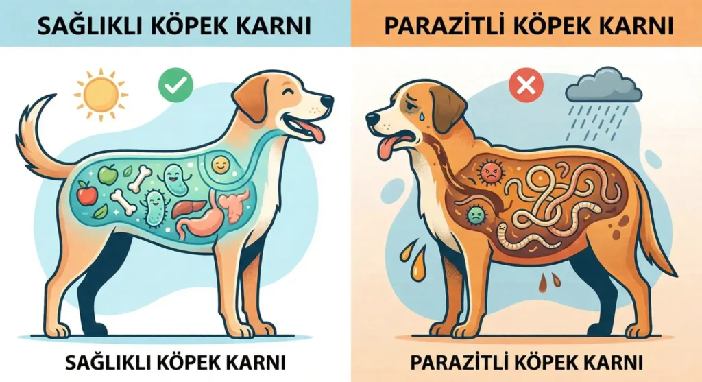 sağlıklı ve parazitli köpek karnı görüntüsü karşılaştırması