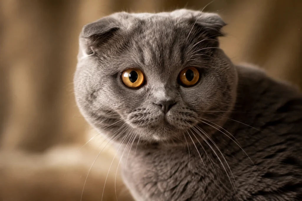 Stüdyo ışığında çekilmiş, büyük kehribar gözlü ve kıvrık kulaklı gri Scottish Fold kedi portresi.