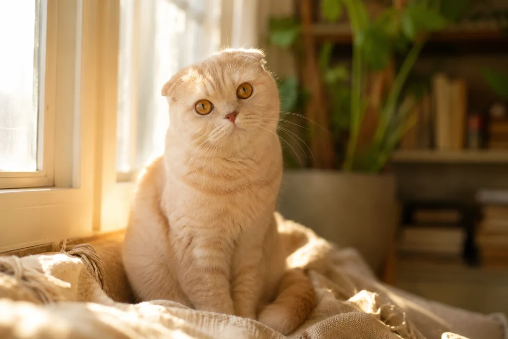 Pencere kenarındaki keten örtü üzerinde güneş banyosu yapan krem rengi Scottish Fold kedi.