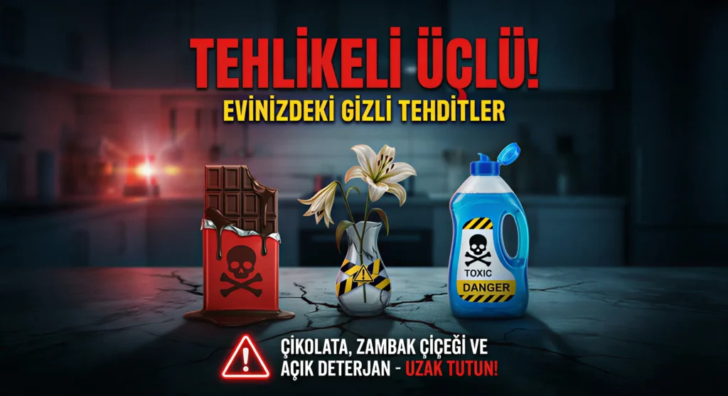 Tehlikeli Üçlü": Çikolata, Zambak Çiçeği ve Açık Deterjan şişesinin yan yana durduğu bir uyarı görseli.