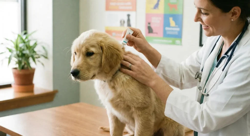 Yavru köpeğe ense damlası uygulama anı.