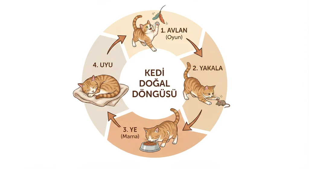 Kedilerde avlanma döngüsü: oyna, yakala, ye, uyu