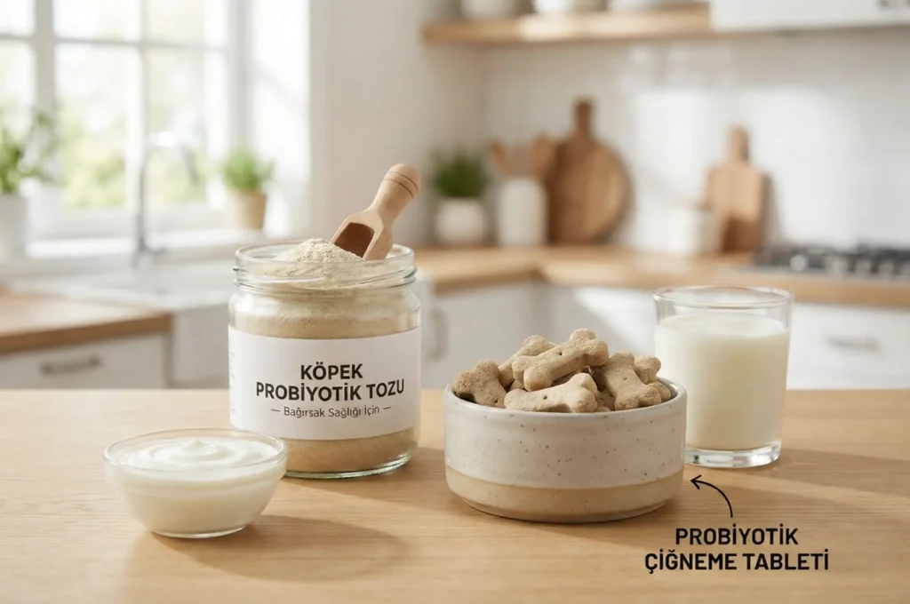 Kedi ve köpekler için özel üretilmiş toz probiyotik takviyeleri ve doğal probiyotik kaynağı kefir.