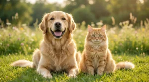 Sağlıklı tüylere sahip, probiyotik desteği ile bağışıklığı güçlenmiş mutlu bir köpek ve kedi yan yana.