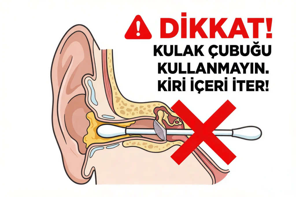 Kedi kulağına pamuklu çubuk sokulmaması gerektiğini gösteren uyarı görseli.