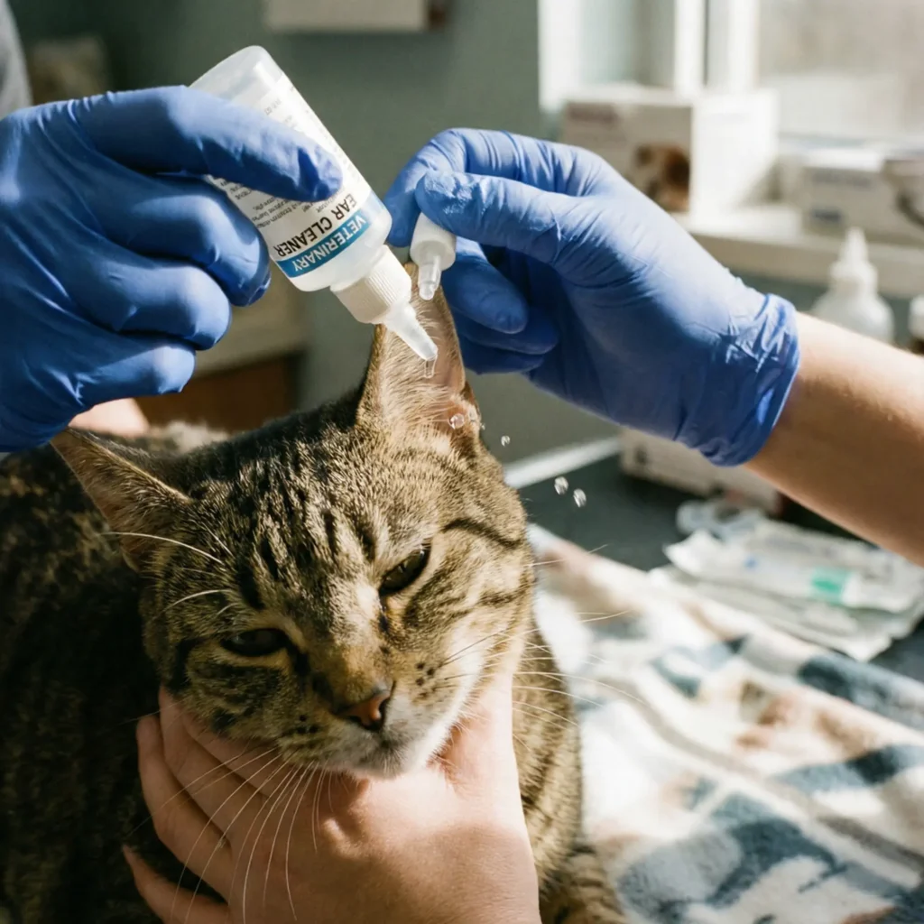 Kedi kulağının içine temizleme solüsyonu damlatılırken yakın çekim.