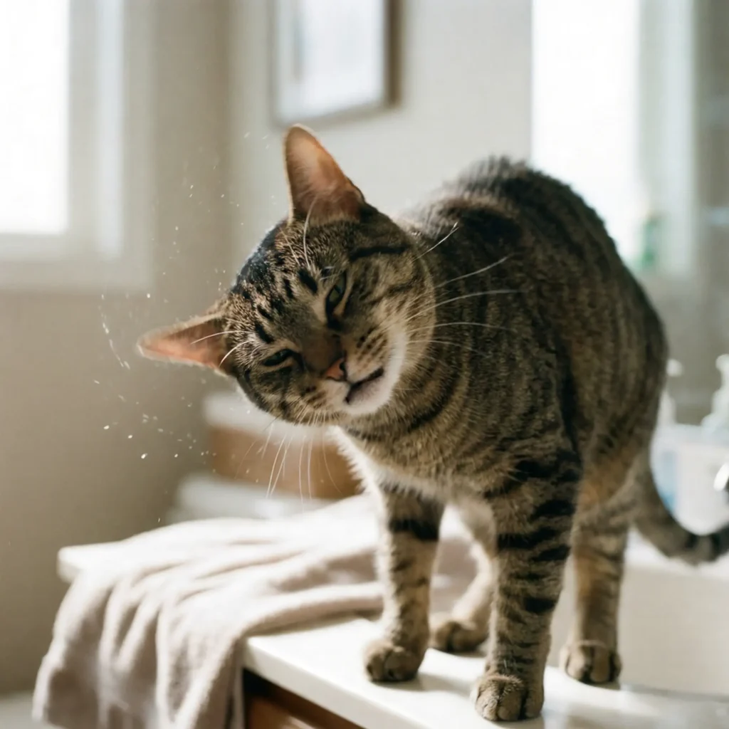 Kulak temizliği sonrası kafasını sallayarak kirleri dışarı atan kedi.