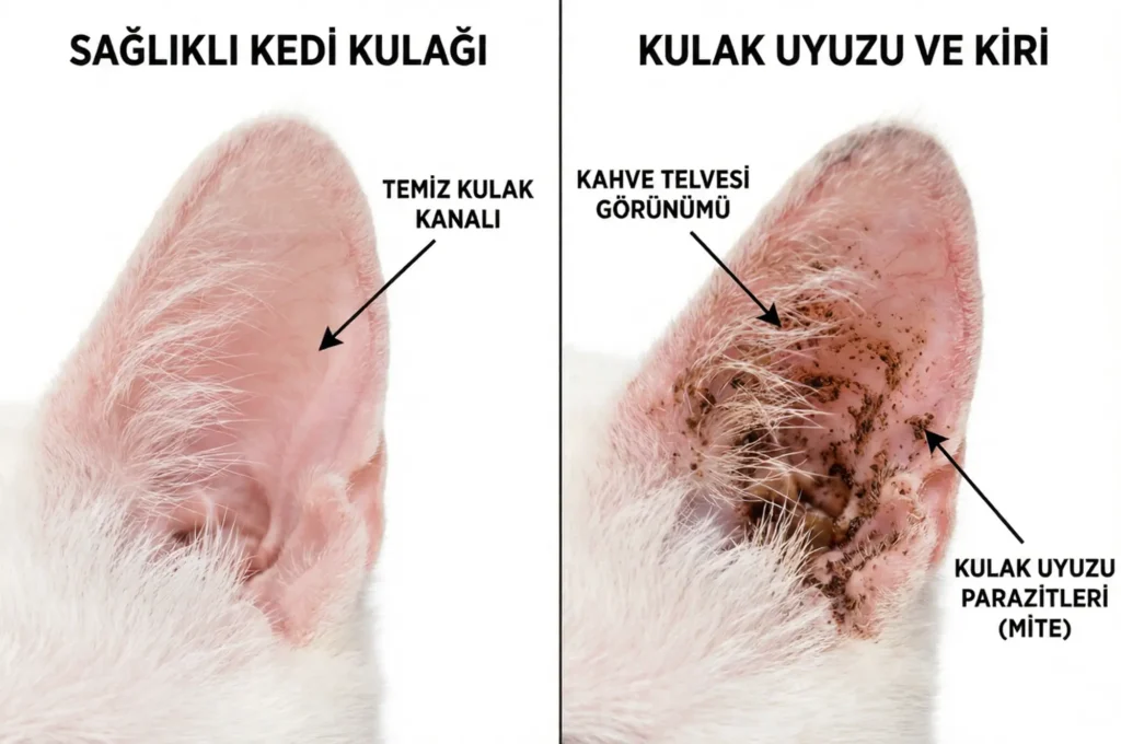 Sağlıklı kedi kulağı ile kahve telvesi görünümlü kulak uyuzu enfeksiyonunun karşılaştırması.