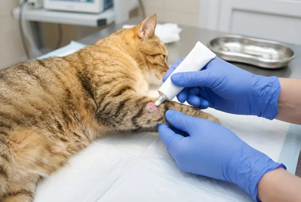 Kedilerde mantar enfeksiyonu için veteriner tarafından uygulanan antifungal krem tedavisi.