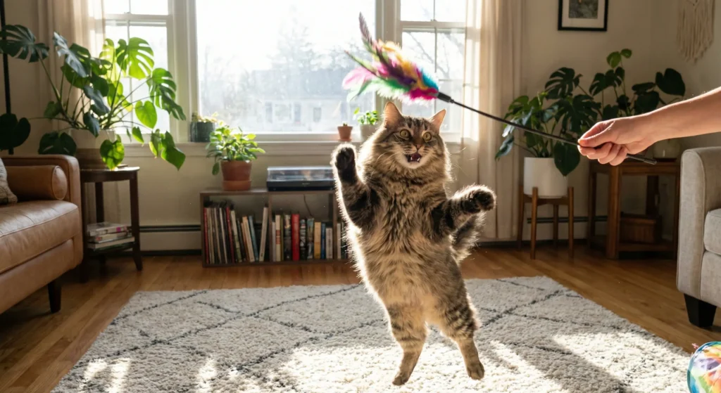 Sahibiyle tüy sopasıyla oynayan kedi