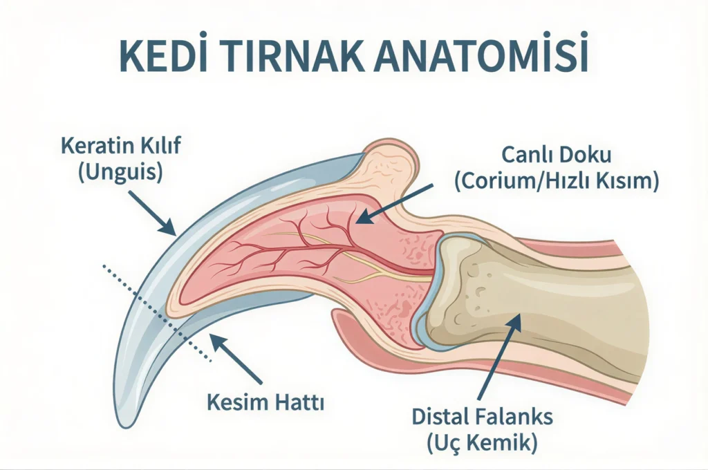 Kedi tırnağında kesilmesi gereken şeffaf uç ve canlı pembe doku gösterimi