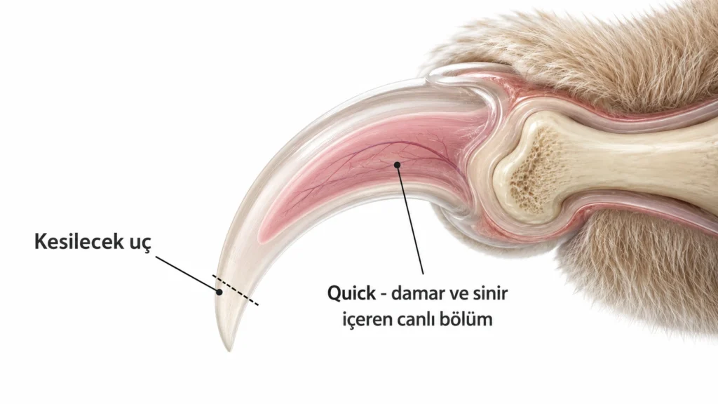 Kedi tırnağında kesilecek uç ile damar ve sinir içeren quick bölgesinin gösterimi