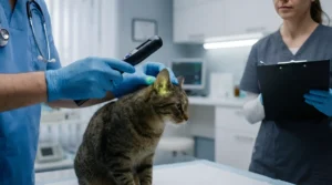 Kedi ve köpeklerde mantar enfeksiyonunun Wood lambası ile veteriner tarafından muayene edilmesi.