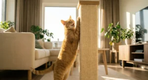 Tırmalama tahtasını kullanan mutlu kedi