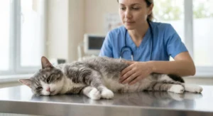 Veteriner muayene masasında halsiz, karın bölgesi şişmiş FIP şüpheli kedi