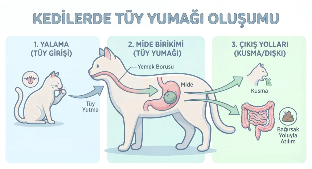 Kedilerde tüy yumağı oluşum sürecini gösteren sindirim sistemi çizimi.