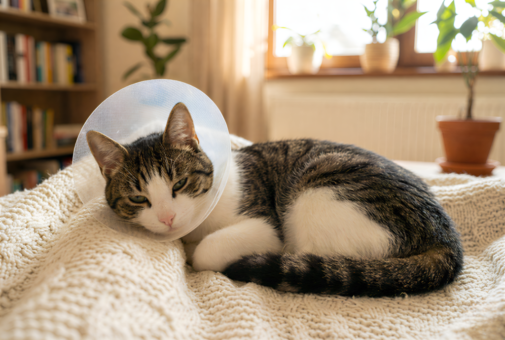 Ameliyat sonrası dikişleri korumak için yakalık takan kedi