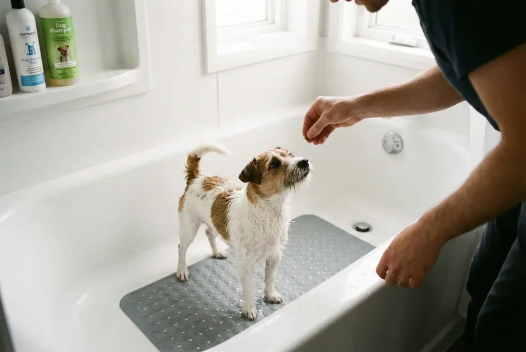 Banyoda kaydırmaz mat üzerinde ödülle sakinleştirilen köpek.