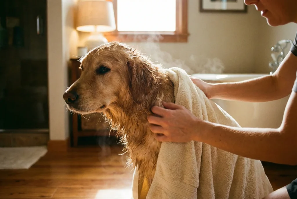 Banyo sonrası havluyla kurutulan köpek.