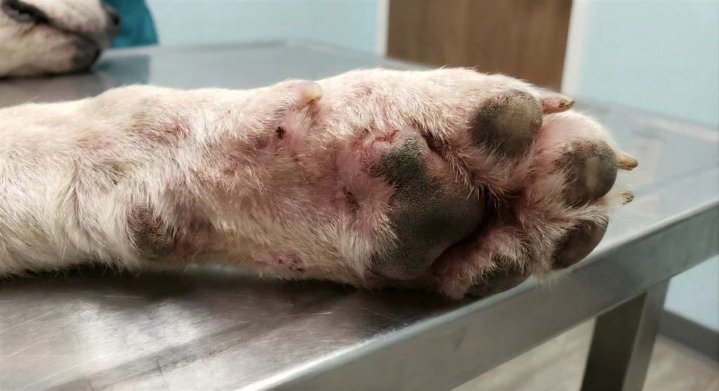 Köpeklerde aşırı yalama sonucu karın bölgesinde kızarıklık ve tüy dökülmesi