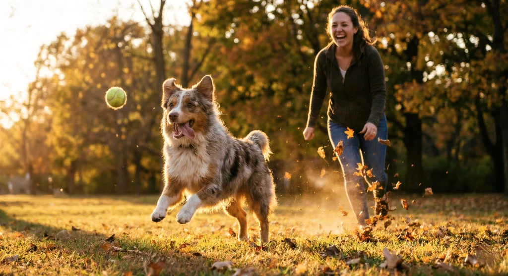 Sahibiyle parkta oyun oynayan, enerjisini atan mutlu köpek