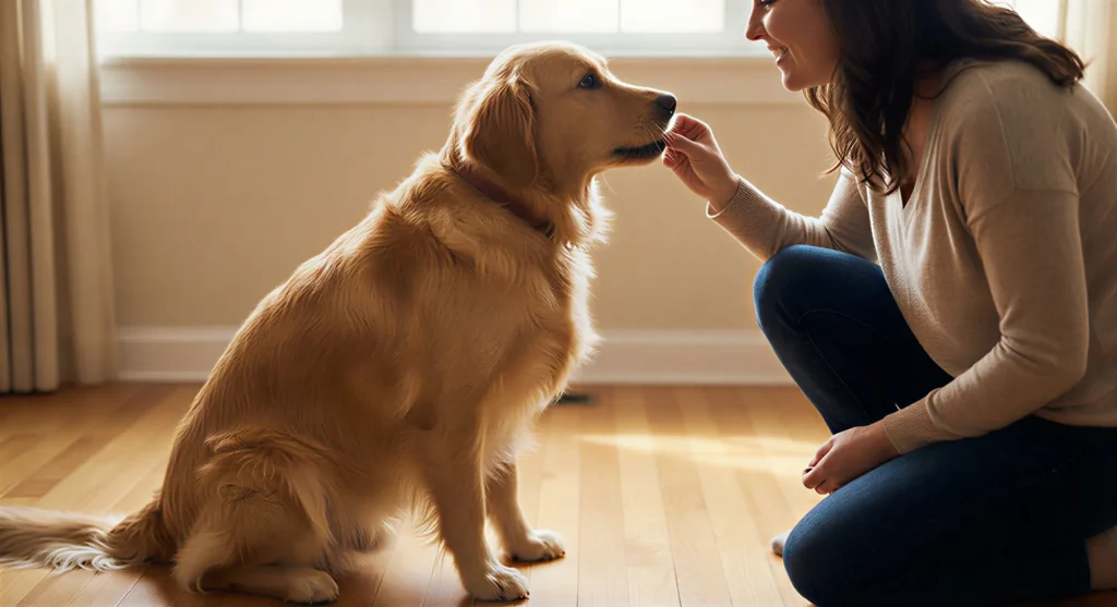 Köpeğin uluma yerine sakin davranışının ödüllendirildiğini gösteren eğitim sahnesi.