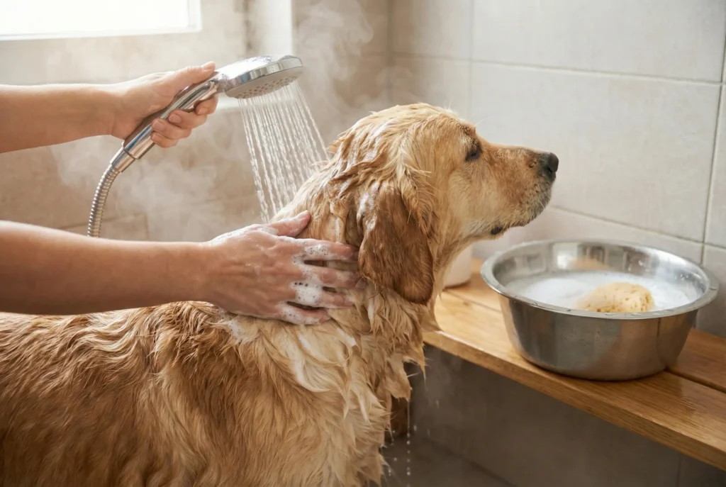 Köpek şampuanıyla masaj yapılarak yıkanan köpek.