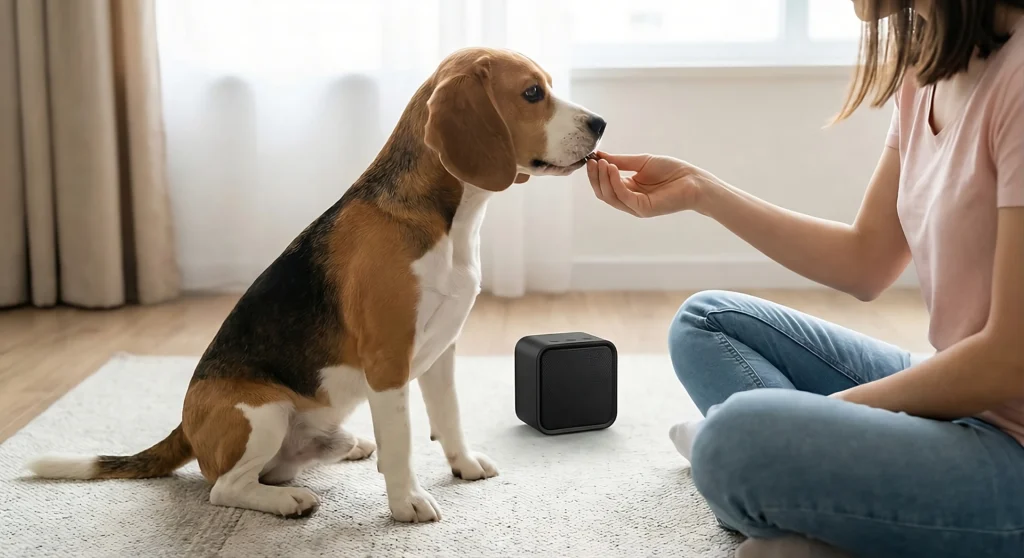 Ses fobisi yaşayan köpeklerde düşük ses seviyesinde alıştırma (desensitizasyon) eğitimi gösterimi.