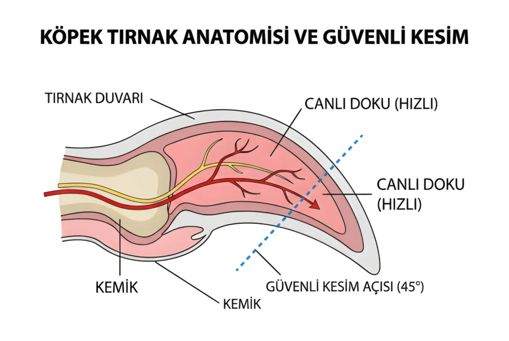 Köpek tırnak anatomisi: Canlı doku (quick) ve güvenli kesim açısı