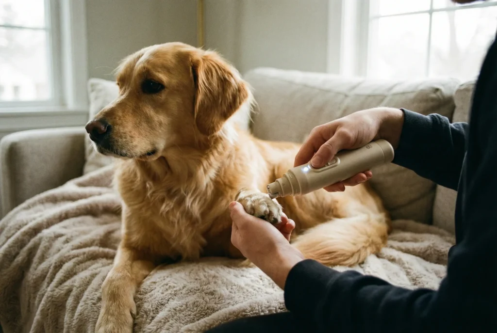 Elektrikli tırnak törpüsü ile köpeğin tırnağını düzelten kişi