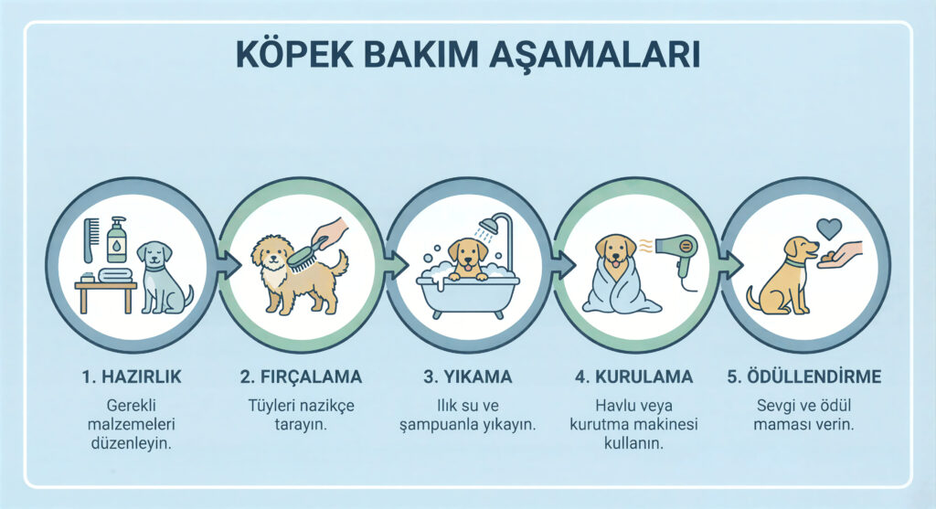 Köpeklerde doğru tüy bakımı ve tarama adımları infografiği