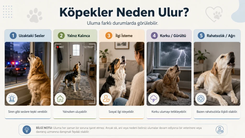 Köpeklerde ses uyaranı, yalnız kalma, ilgi, korku ve ağrıyla ilişkili uluma bağlamları