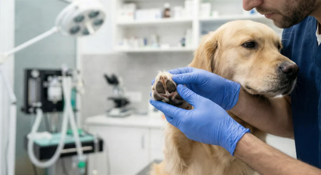 Veteriner hekimin köpeğin patisini ve derisini muayene etmesi