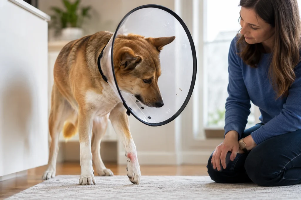 Patisini yalamayı geçici olarak önlemek için uygun koruyucu yakalık kullanan köpek