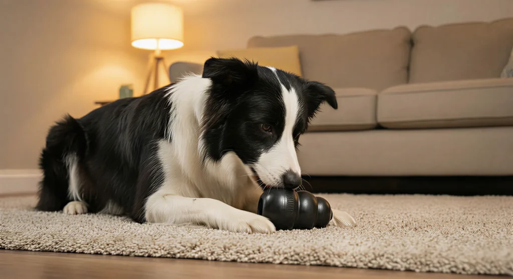 Köpekler için Kong ve zeka oyuncaklarının kullanıldığı ortam zenginleştirme sahnesi.