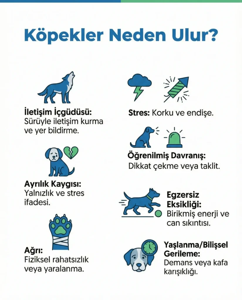 Köpekler neden ulur açıklayan 7 maddelik veteriner infografiği.