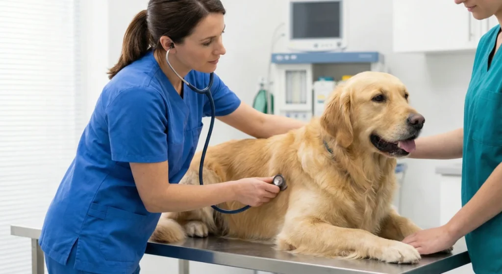 Köpeklerde uluma davranışında sağlık kontrolü yapılması gerektiğini anlatan veteriner muayenesi görseli.
