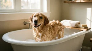 köpeğin sahibi tarafından yıkanma anı