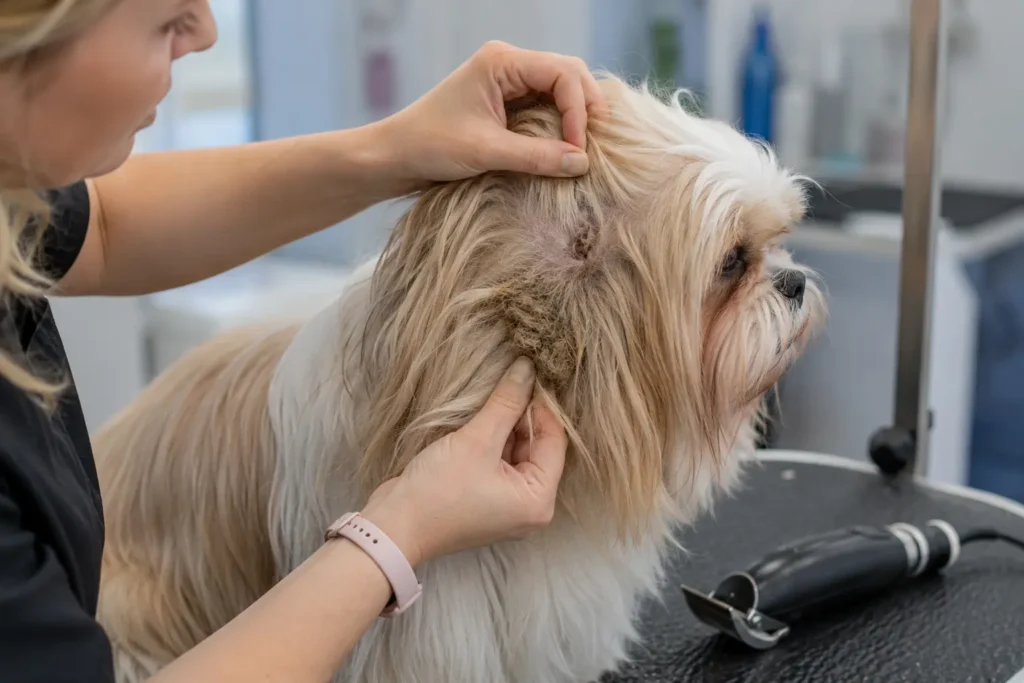 Deriye yakın keçeleşmiş tüyün makas kullanılmadan profesyonel bakım için değerlendirildiği köpek