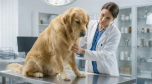 Kennel cough şüphesiyle veteriner hekim tarafından stetoskop ile muayene edilen köpek.