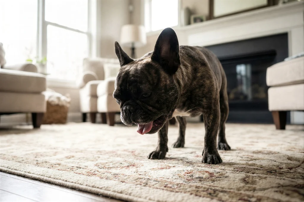 Ev ortamında barınak öksürüğü (kennel cough) nöbeti geçiren ve öksüren köpek.