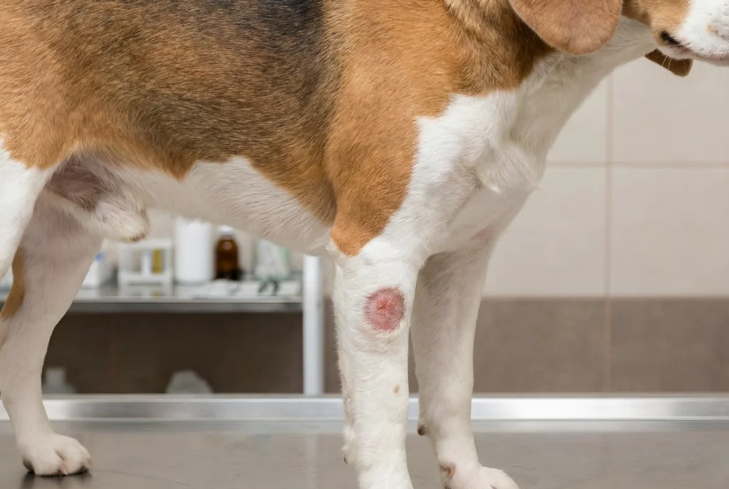 Köpeklerde mantar enfeksiyonuna bağlı dairesel tüy kaybı görünümü