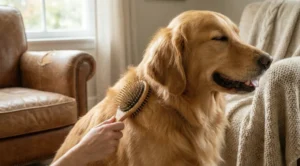 Köpeklerde tüy bakımı için taranan, sağlıklı ve parlak tüylü Golden Retriever köpek