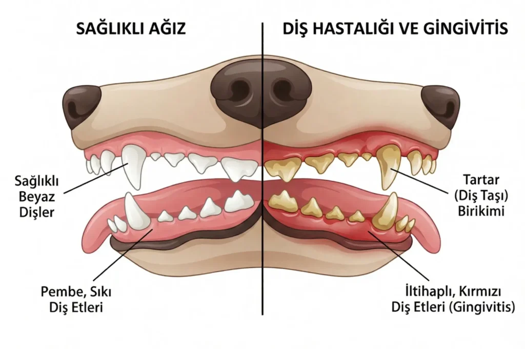 Sağlıklı pembe diş eti ile tartarlı ve iltihaplı diş etinin (Gingivitis) karşılaştırması